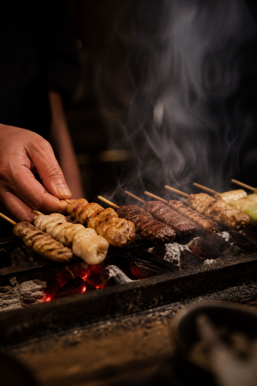 Yakitori skewers cooking over glowing binchotan charcoal